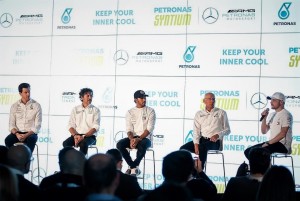 L-R: Mercedes-AMG PETRONAS Team Principal, Toto Wolff, PLI Managing Director and Group Chief Executive Officer, Guiseppe D'Arrigo, Mercedes-AMG PETRONAS Motorsport driver Lewis Hamilton, PLI Group Chief Technology Officer, Eric Holthusen, and Mercedes-AMG PETRONAS Motorsport driver, Valtteri Bottas.